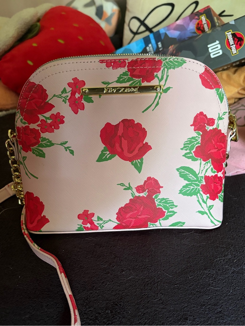 Betsey Johnson Pink Crossbody with Red Rose Print